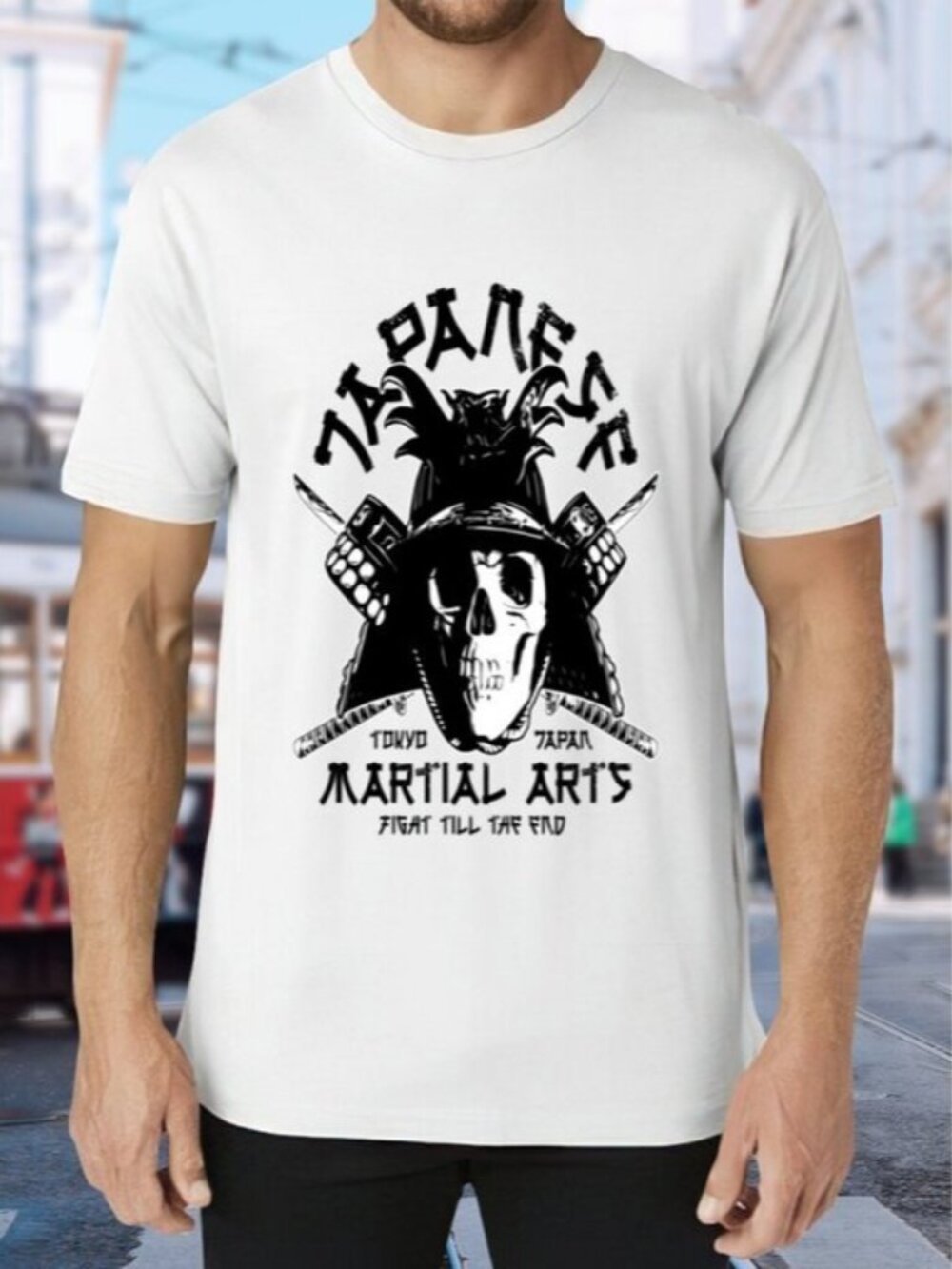 White Samurai Skull Graphic Tee - Martial Arts Design